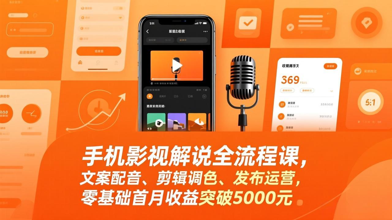 手机影视解说全流程课，文案配音、剪辑调色、发布运营，零基础首月收益突破5000元-庄子聊项目
