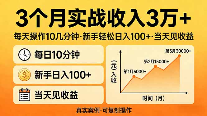 3个月实战收入3万+，每天操作10几分钟，新手轻松日入100+，当天见收益-庄子聊项目