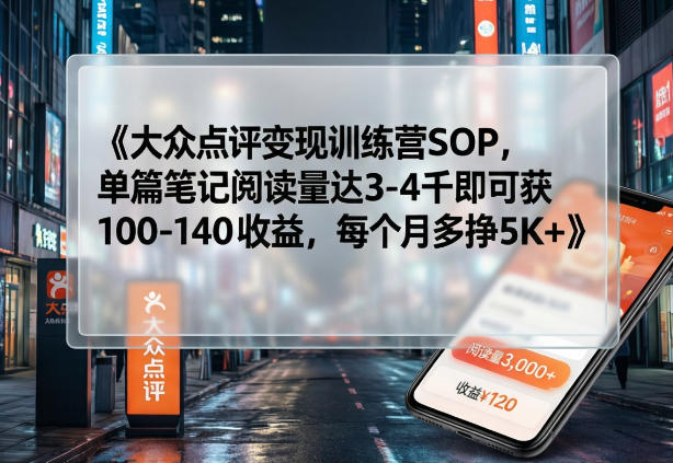 大众点评变现训练营SOP，单篇笔记阅读量达3-4千即可获100-140收益，每个月多挣5K+-庄子聊项目