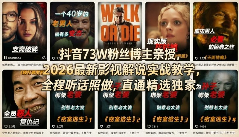 抖音73W粉丝博主亲授，2026最新影视解说实战教学，全程听话照做，直通精选独家-庄子聊项目