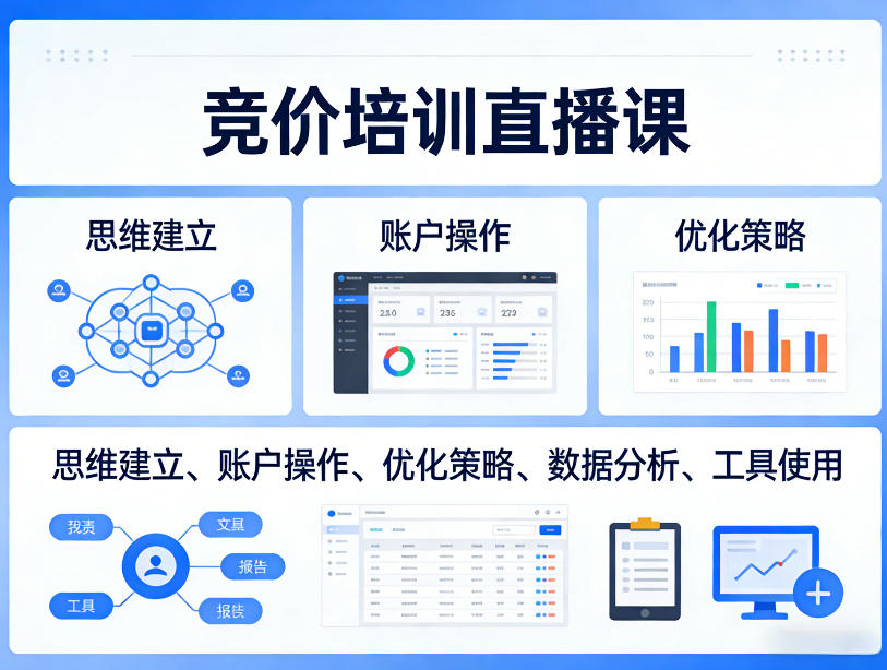 竞价培训直播课，覆盖思维建立、账户操作、优化策略、数据分析、工具使用等，全方位提升效果-庄子聊项目
