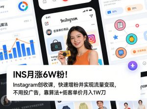 INS月涨6W粉！Instagram创收课，快速增粉并实现流量变现，不用用投广告，靠算法+低客单价月入1W刀-庄子聊项目