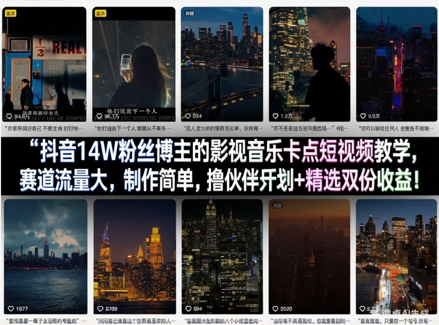 抖音14W粉丝博主的影视音乐卡点短视频教学，赛道流量大，制作简单，撸伙伴计划+精选双份收益！-庄子聊项目